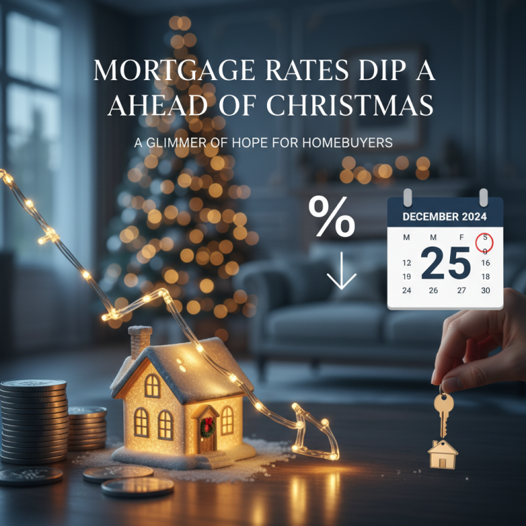 A miniature house adorned with Christmas lights, with a calendar showing December 25th, symbolizing hope for homebuyers.