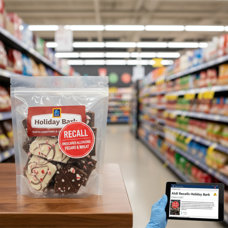 Aldi Holiday Bark package with a recall sticker, alongside a tablet displaying a news article about the recall.