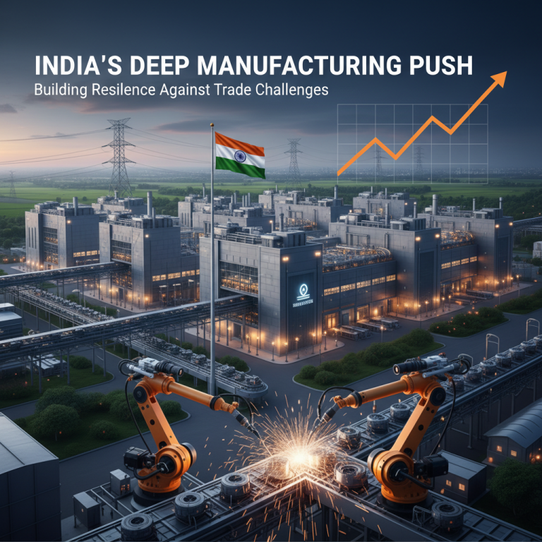 An Indian flag flies over a modern factory with robotic arms welding, symbolizing India's industrial growth.