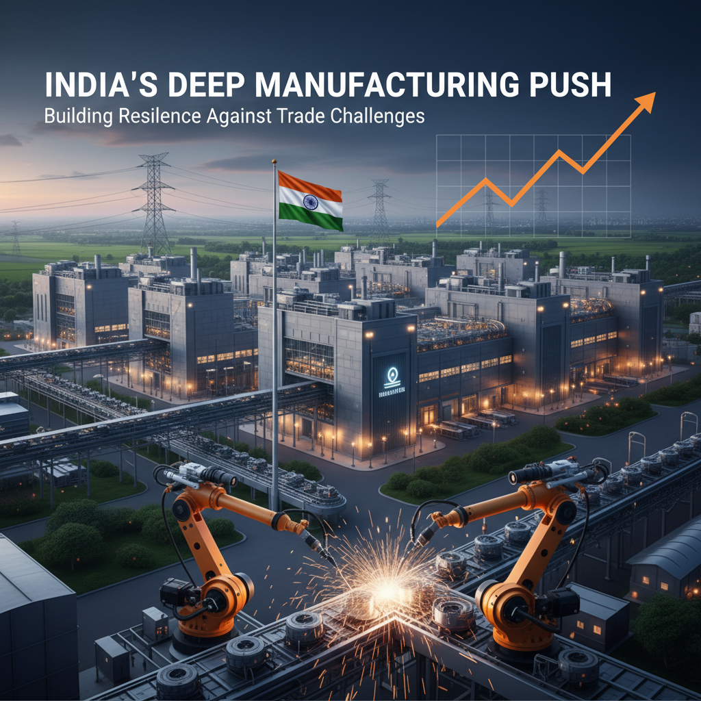 An Indian flag flies over a modern factory with robotic arms welding, symbolizing India's industrial growth.