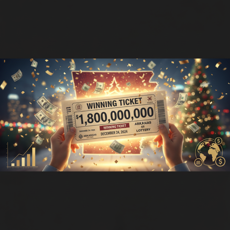 Hands hold a giant winning lottery ticket for $1.8 billion, with Christmas lights and money falling.