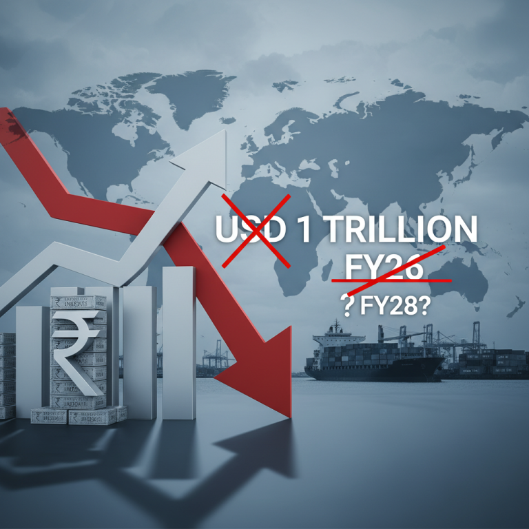 A red downward arrow crosses out "USD 1 TRILLION FY26" against a global trade backdrop.