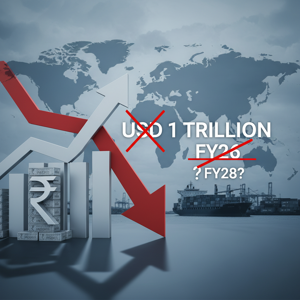 A red downward arrow crosses out "USD 1 TRILLION FY26" against a global trade backdrop.