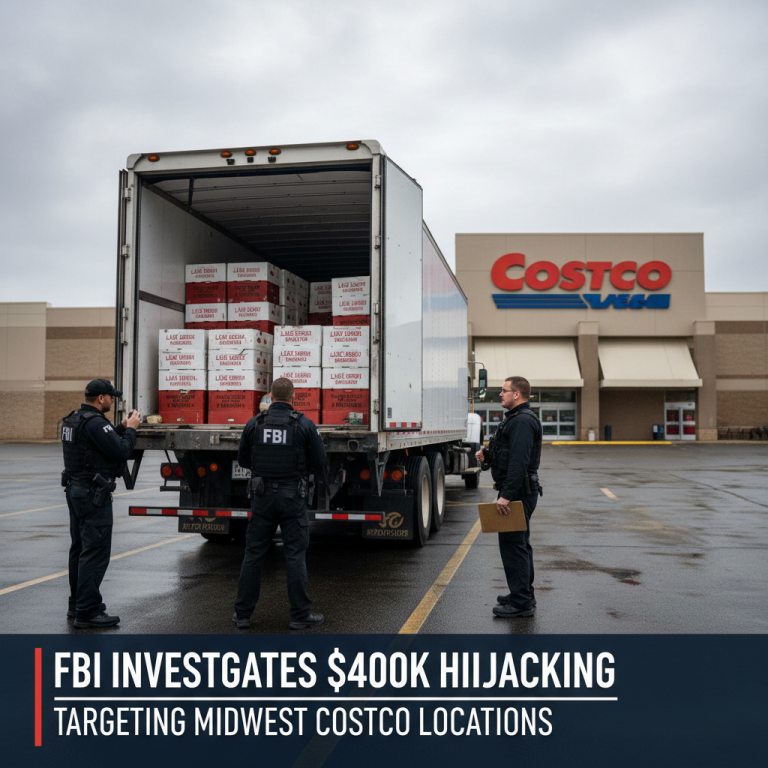 FBI agents inspecting a semi-truck backed up to a Costco store, suggesting a criminal investigation related to retail theft.