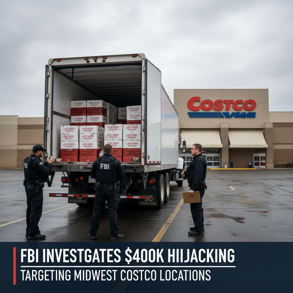 FBI agents inspecting a semi-truck backed up to a Costco store, suggesting a criminal investigation related to retail theft.