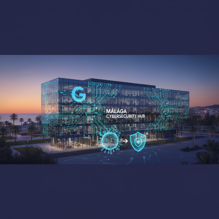 A modern glass building with a Google logo and circuit board overlay, symbolizing cybersecurity innovation in Málaga.