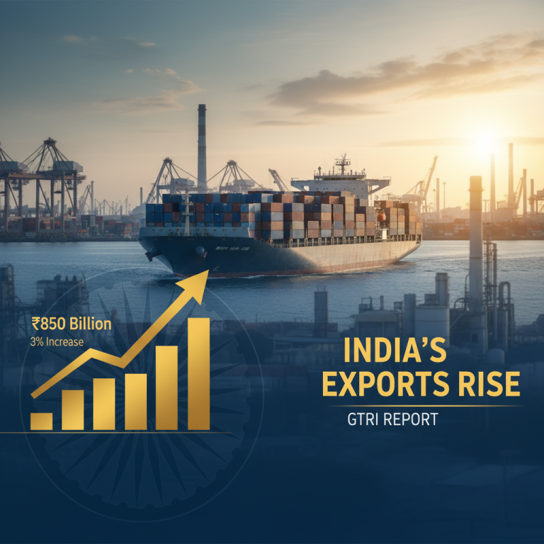 A cargo ship sails past an industrial port with a rising bar graph overlay indicating India's export growth.