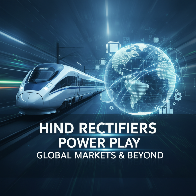 A high-speed train, a glowing globe with digital connections, and microchips symbolize Hind Rectifiers' global reach.