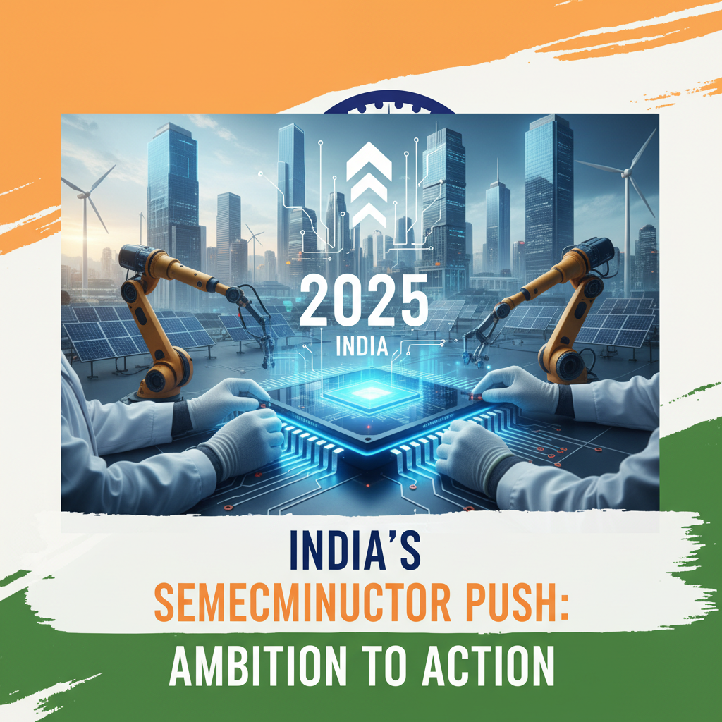 Robotic arms and human hands working on a glowing circuit board with a futuristic city, solar panels, and wind turbines in the background.