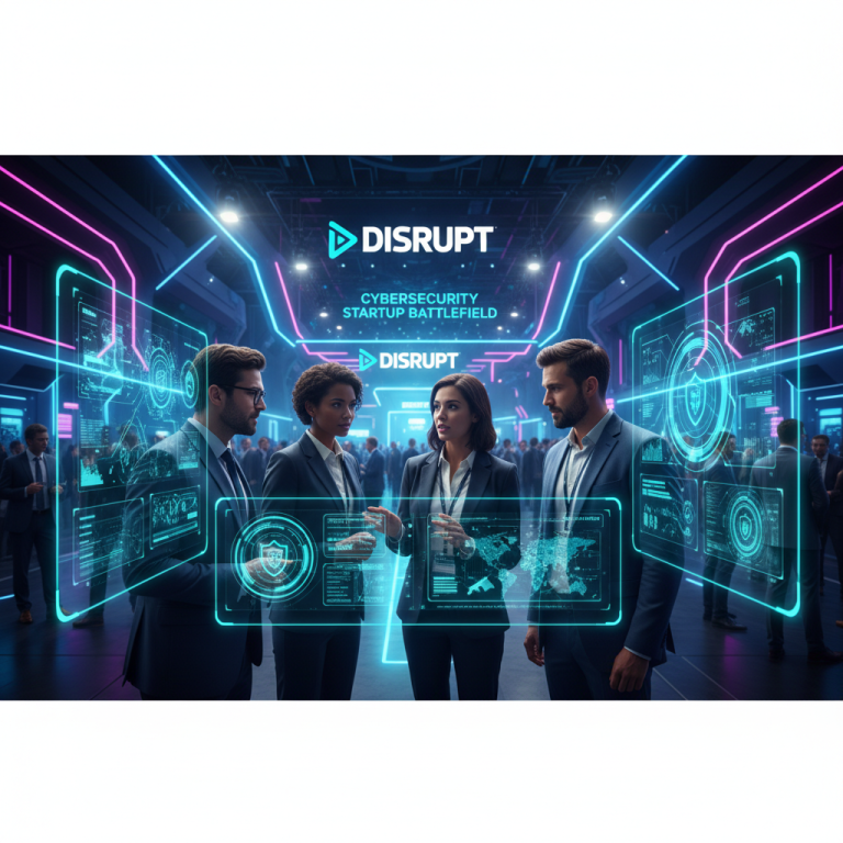 Four diverse professionals discuss cybersecurity with glowing data interfaces, embodying innovation.