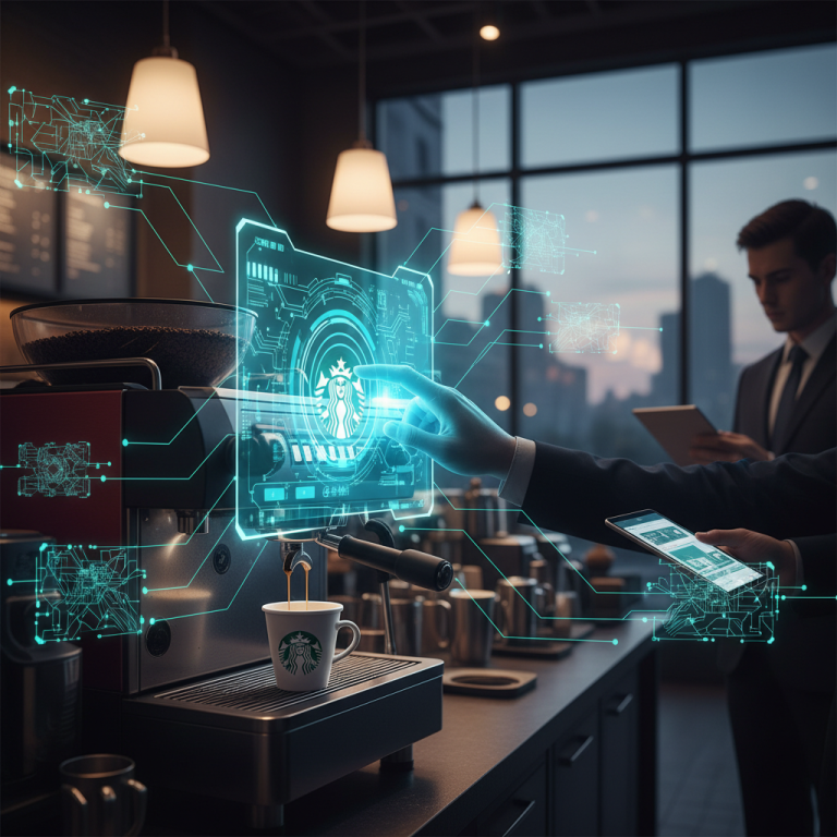 A person interacts with a holographic interface showing the Starbucks logo and data, surrounded by circuits, in a modern cafe.