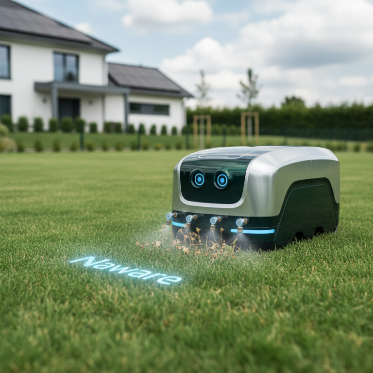 A sleek, futuristic weed-killing robot with blue lights, eliminating weeds on a pristine green lawn in front of a modern house.