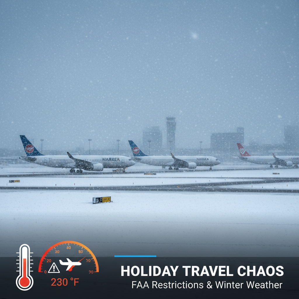 Airplanes grounded at a snowy airport under FAA restrictions during winter weather.