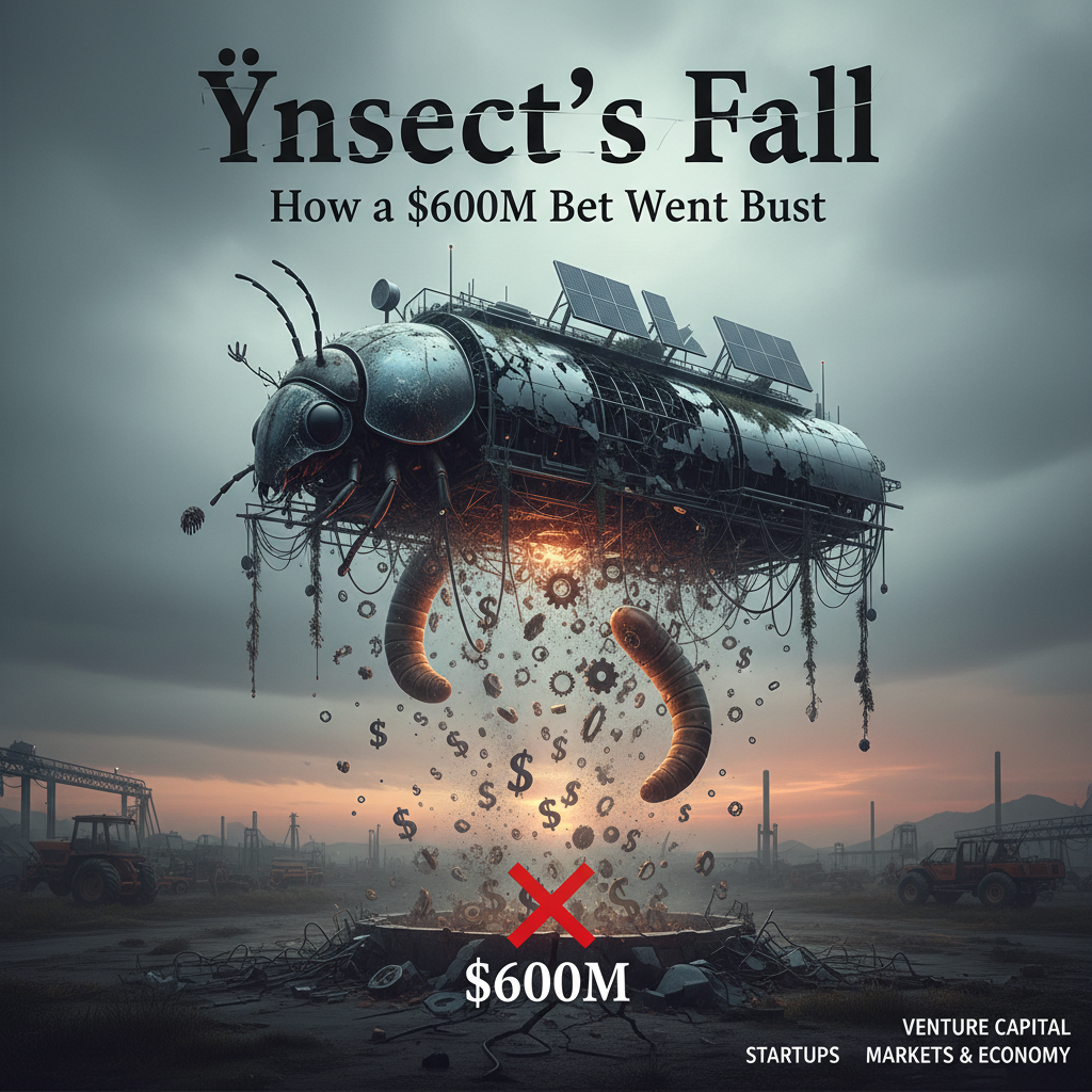 A large, metallic insect-like structure, representing a failed tech startup, hovers over a desolate industrial landscape.