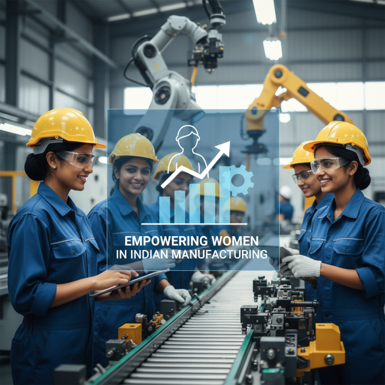 A group of smiling Indian women in blue uniforms and hard hats working in a modern manufacturing plant.
