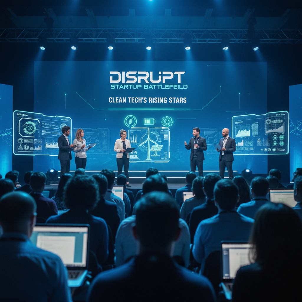 A professional stage event with speakers presenting clean technology concepts to an audience, with "DISRUPT" on screen.