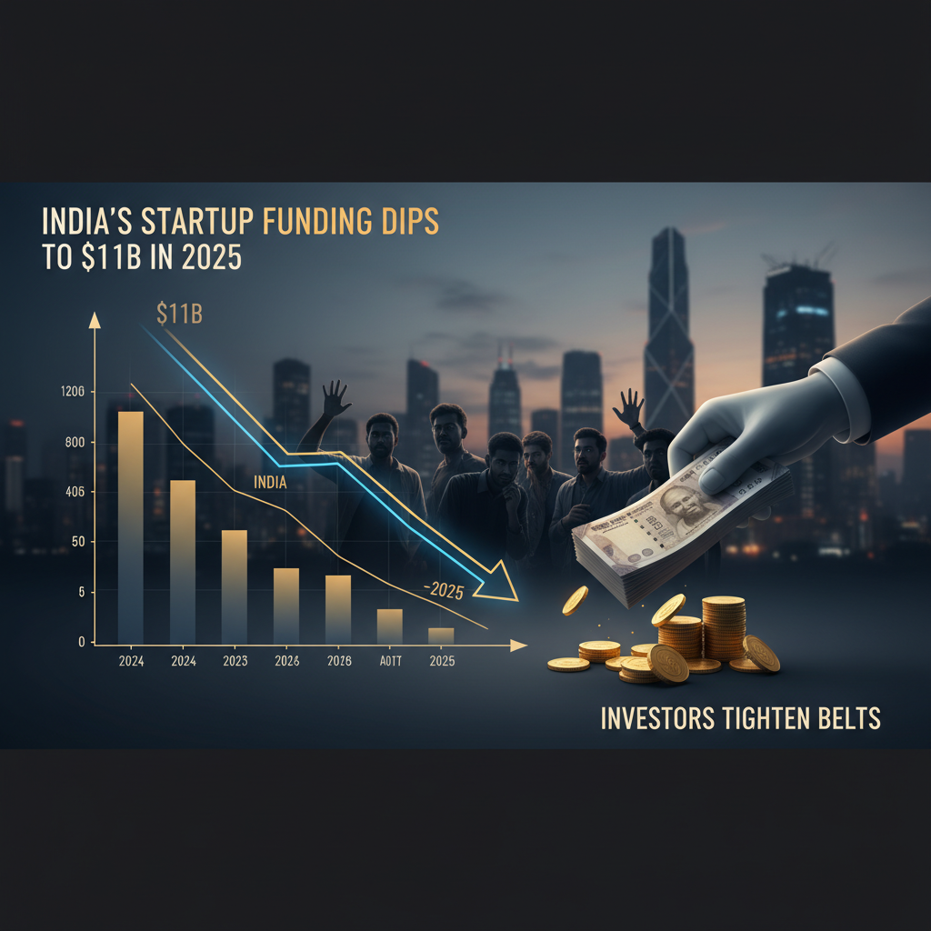 A professional image showing a downward trend graph with "India's Startup Funding Dips to $11B in 2025" and "Investors Tighten Belts" text.