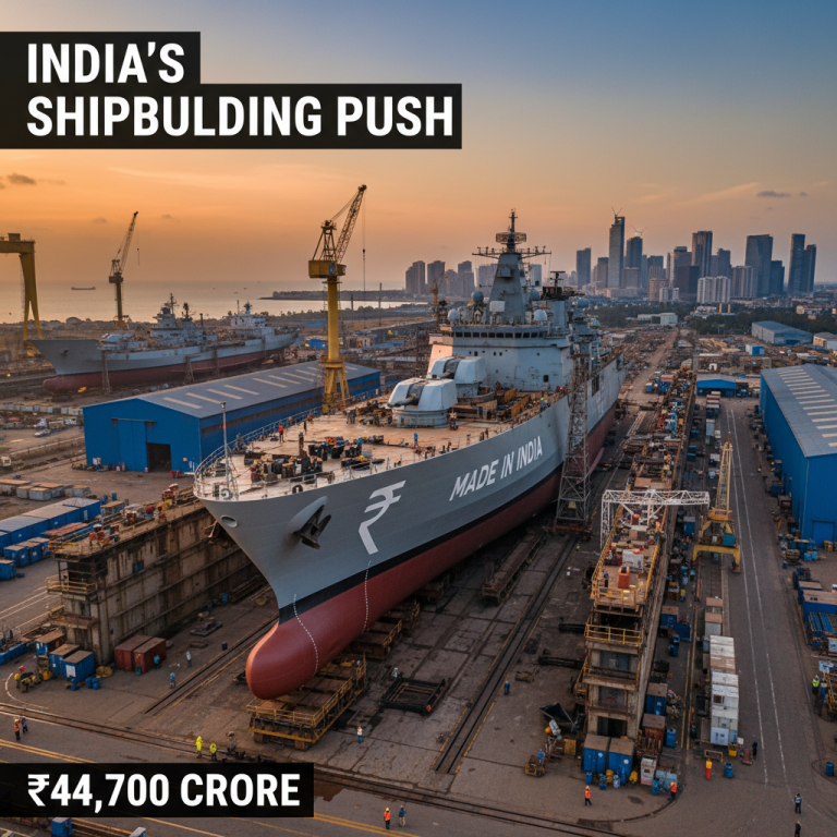 An aerial view of a large warship under construction in an Indian shipyard with city skyline background.