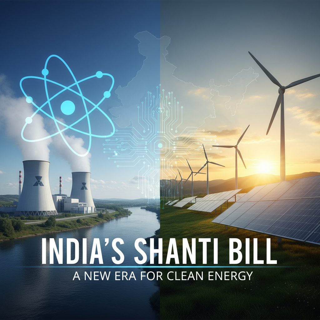 A split image showing nuclear power and renewable energy with India's map, symbolizing the SHANTI Bill.