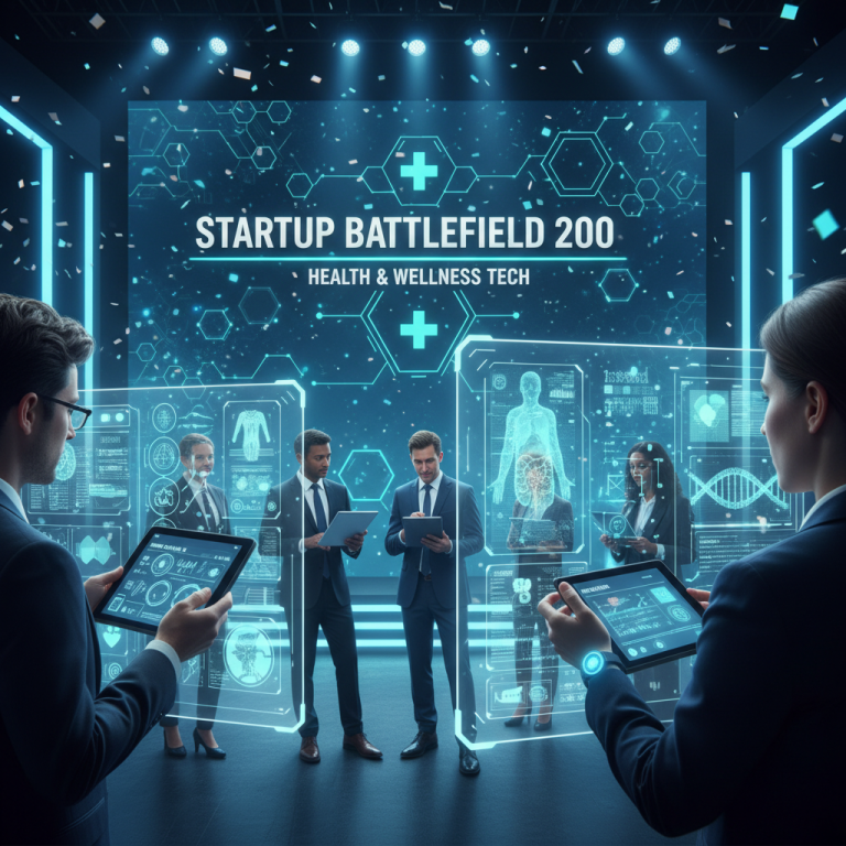 Professionals interacting with futuristic health tech displays at a startup event.