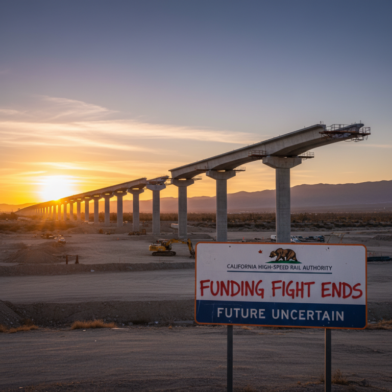 An unfinished high-speed rail bridge at sunset with a sign about funding fights and an uncertain future.
