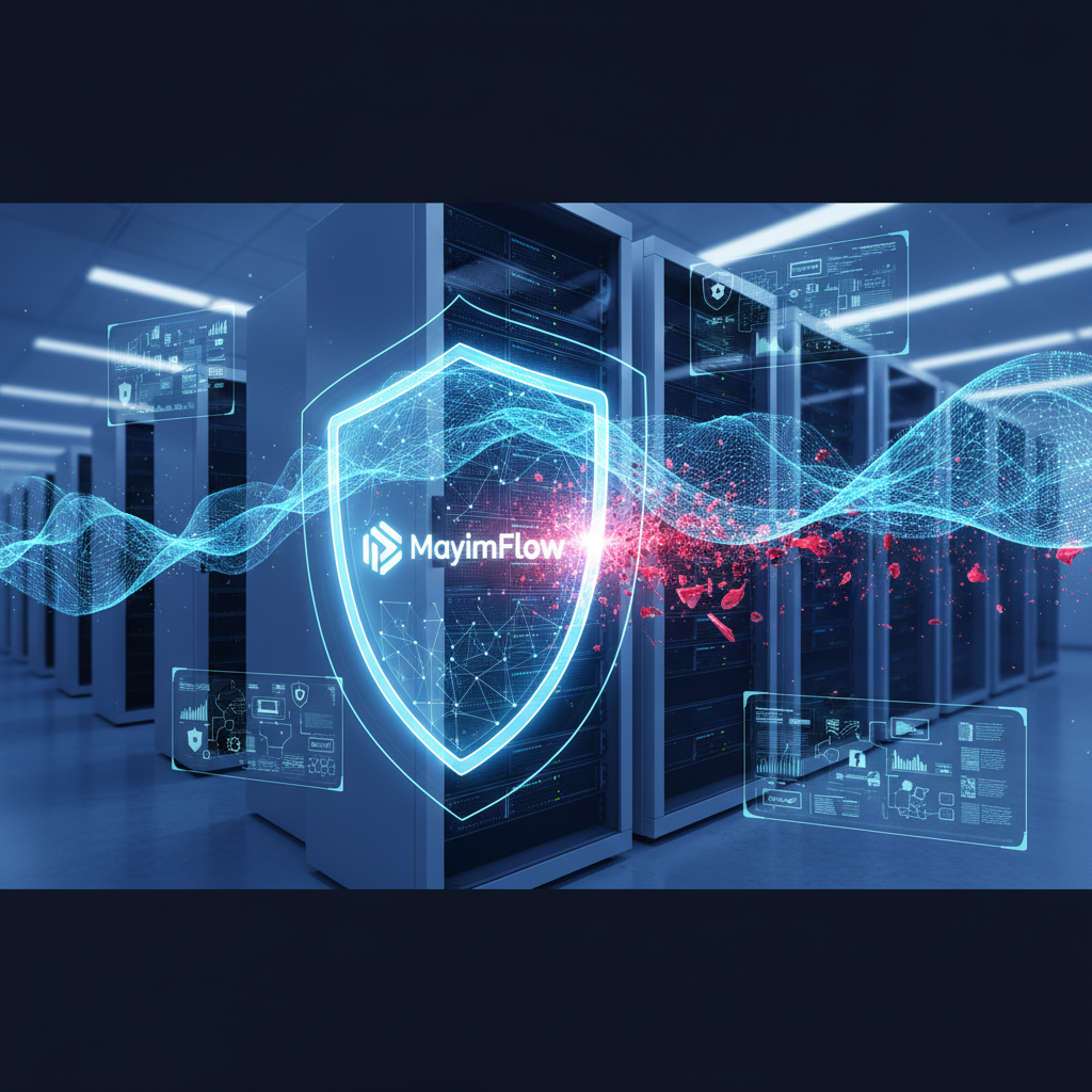 A digital shield with the MayimFlow logo protecting a data center from red, fragmented data.