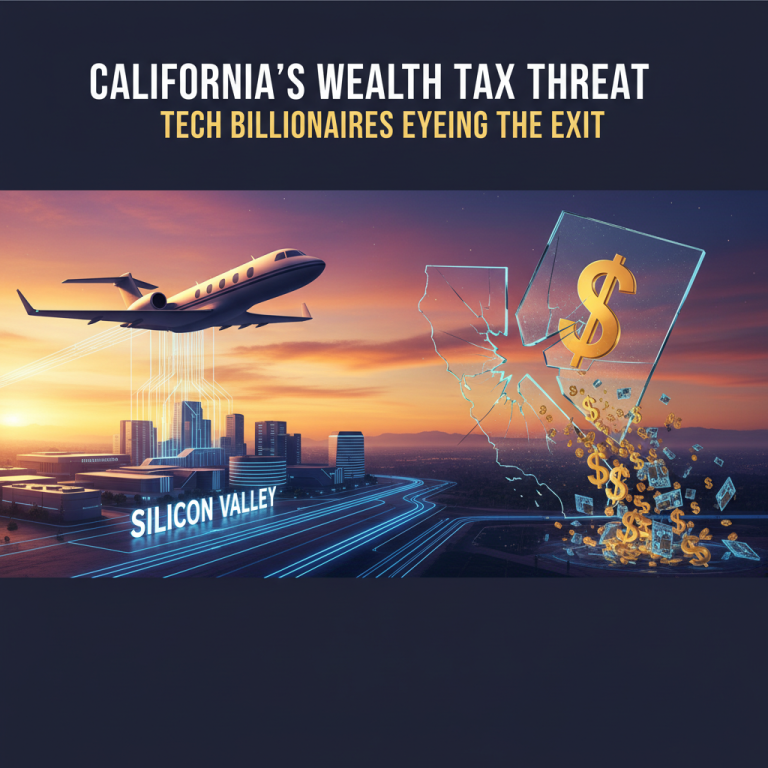 A private jet flies away from a stylized Silicon Valley skyline as a cracked outline of California spills money.