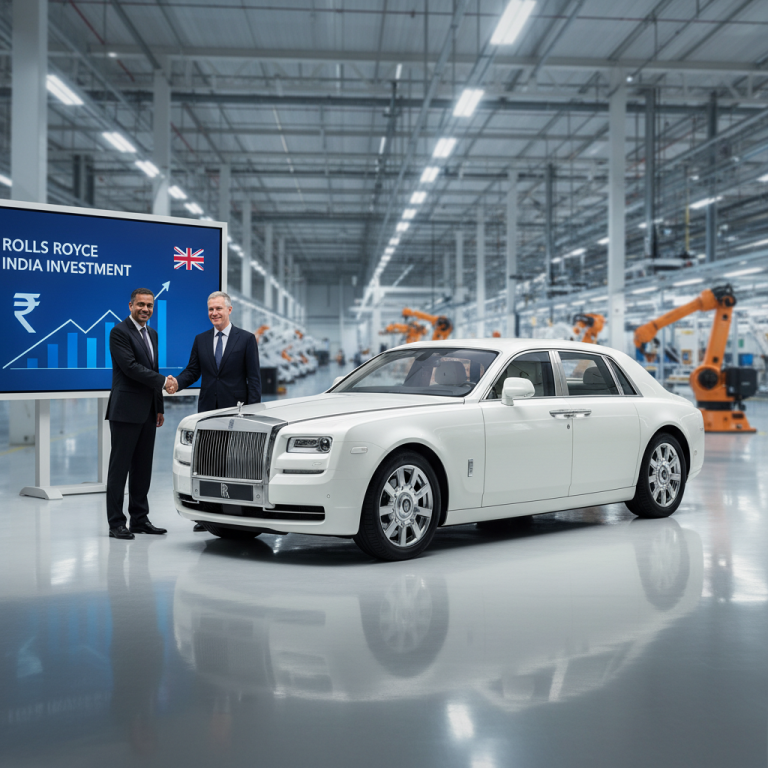 Two businessmen shake hands in a Rolls-Royce factory with a car and an investment chart.