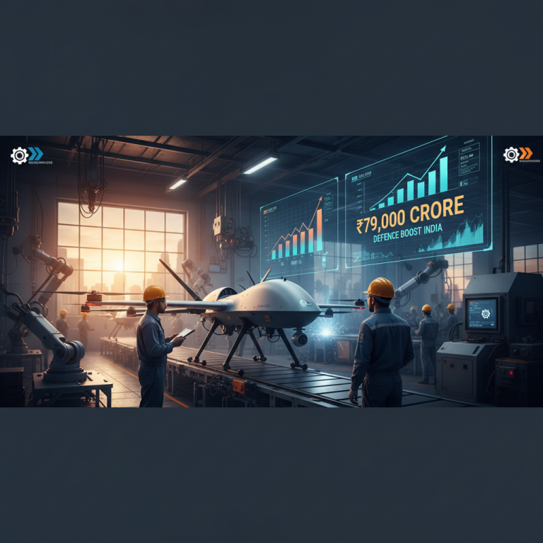 Two engineers working on a defence drone with a transparent screen showing "₹79,000 Crore Defence Boost India" and a growth chart.