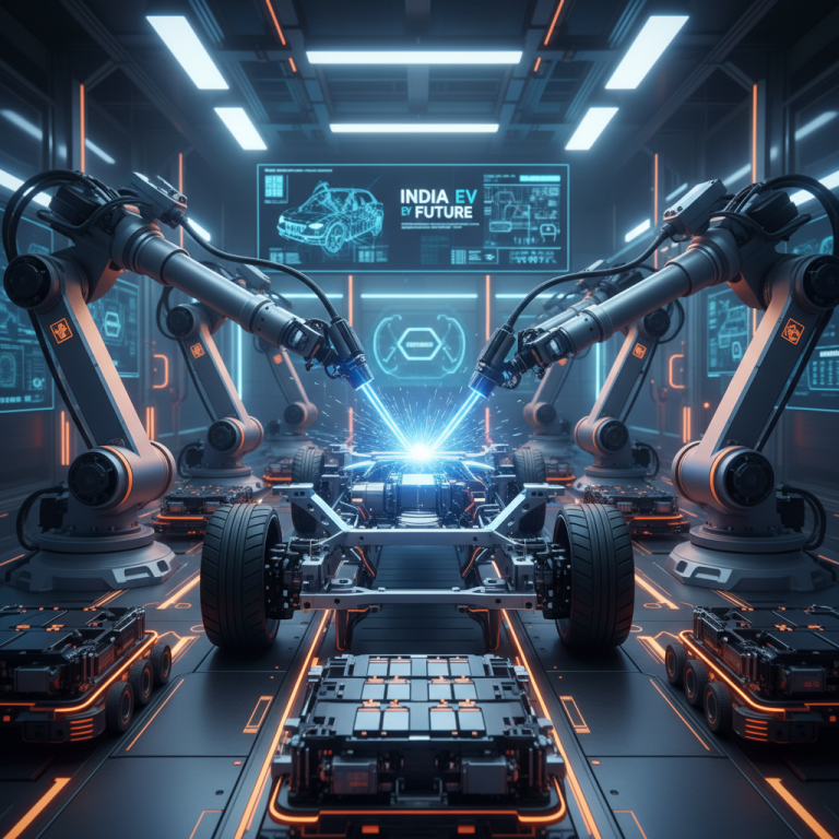 Robotic arms in a high-tech factory precisely assembling an electric vehicle chassis, with digital displays showing EV blueprints.