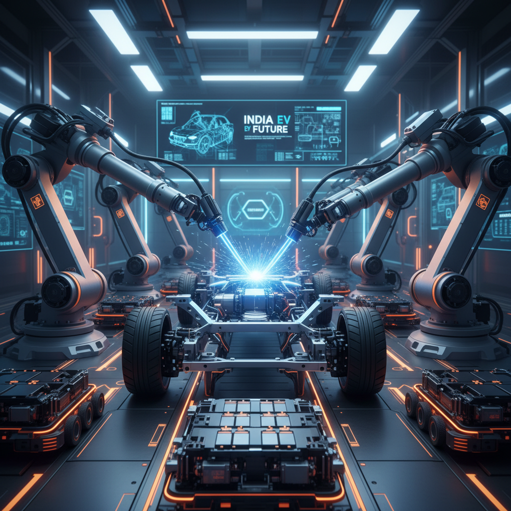 Robotic arms in a high-tech factory precisely assembling an electric vehicle chassis, with digital displays showing EV blueprints.