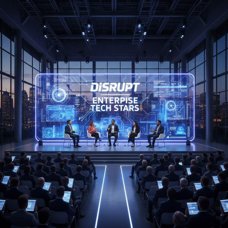 A professional tech conference with a panel discussion under a glowing "Disrupt Enterprise Tech Stars" screen.