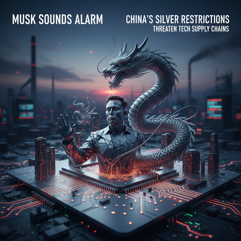 An image featuring Elon Musk and a Chinese dragon on a circuit board, symbolizing China's silver restrictions threatening tech supply chains.