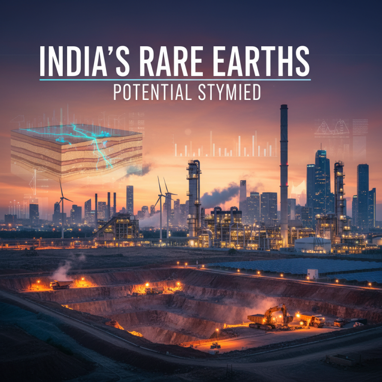 An industrial landscape showing a rare earth mine, refinery, city skyline, and a geological cross-section with data overlays.