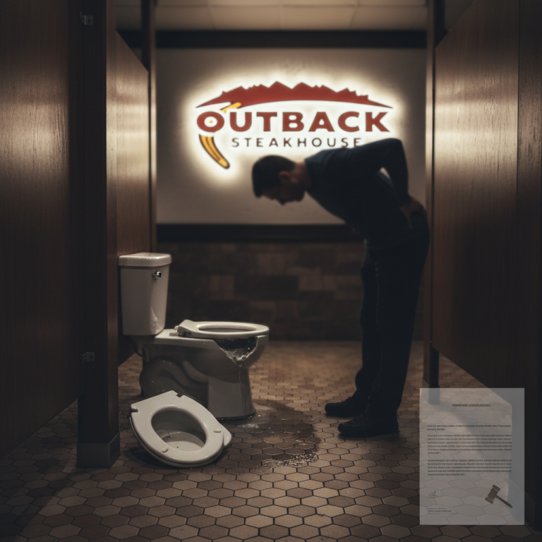 A man clutches his back next to a broken toilet in an Outback Steakhouse restroom.