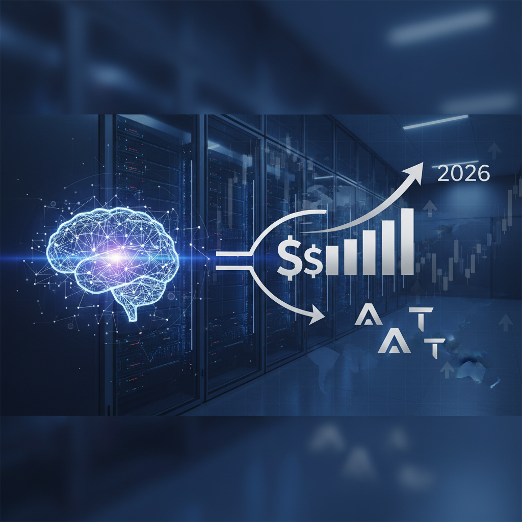 A professional image showing a glowing AI brain connected to diverging arrows, one pointing to increasing money and another to fewer vendors, with a 2026 growth chart in the background.