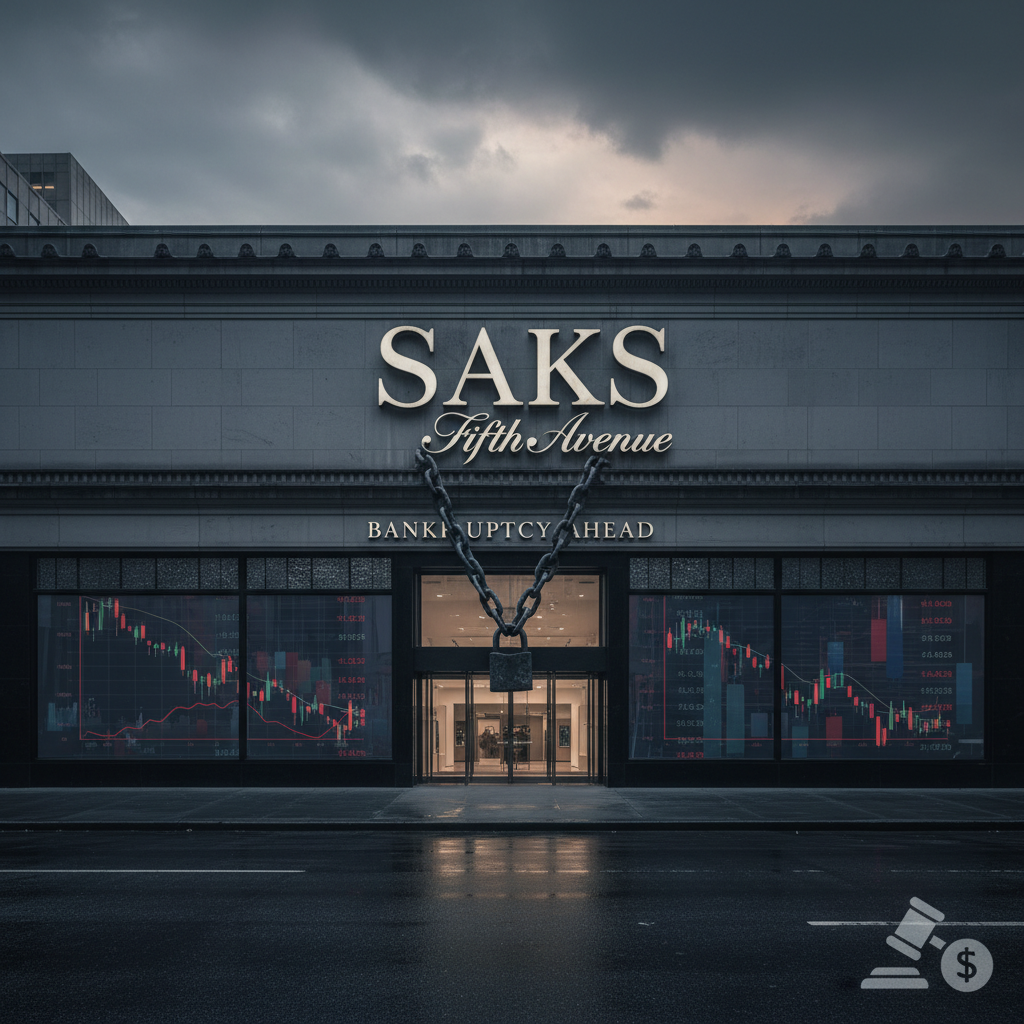 A professional, dramatic image of a Saks Fifth Avenue store facade at dusk, with large chains across the entrance.