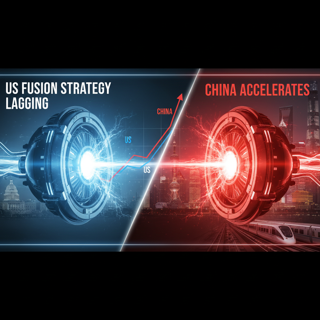 Split image showing US Capitol and a lagging blue fusion reactor on one side, and Shanghai skyline with an accelerating red fusion reactor and high-speed train on the other. A graph illustrates China surpassing the US in development.