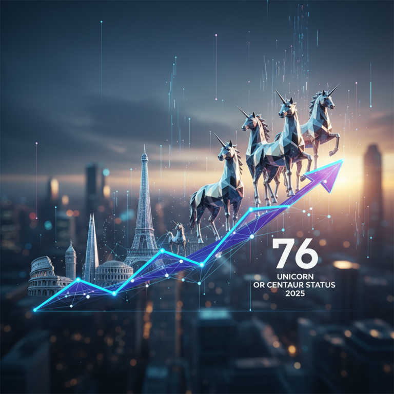 An upward trending graph with geometric unicorns and European landmarks against a blurred city skyline, symbolizing growth.