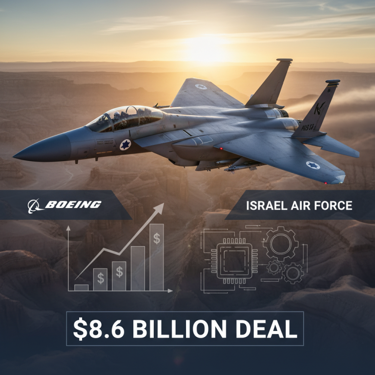 A Boeing fighter jet, emblazoned with Israeli Air Force insignia, soars against a dramatic sunset over rugged terrain.