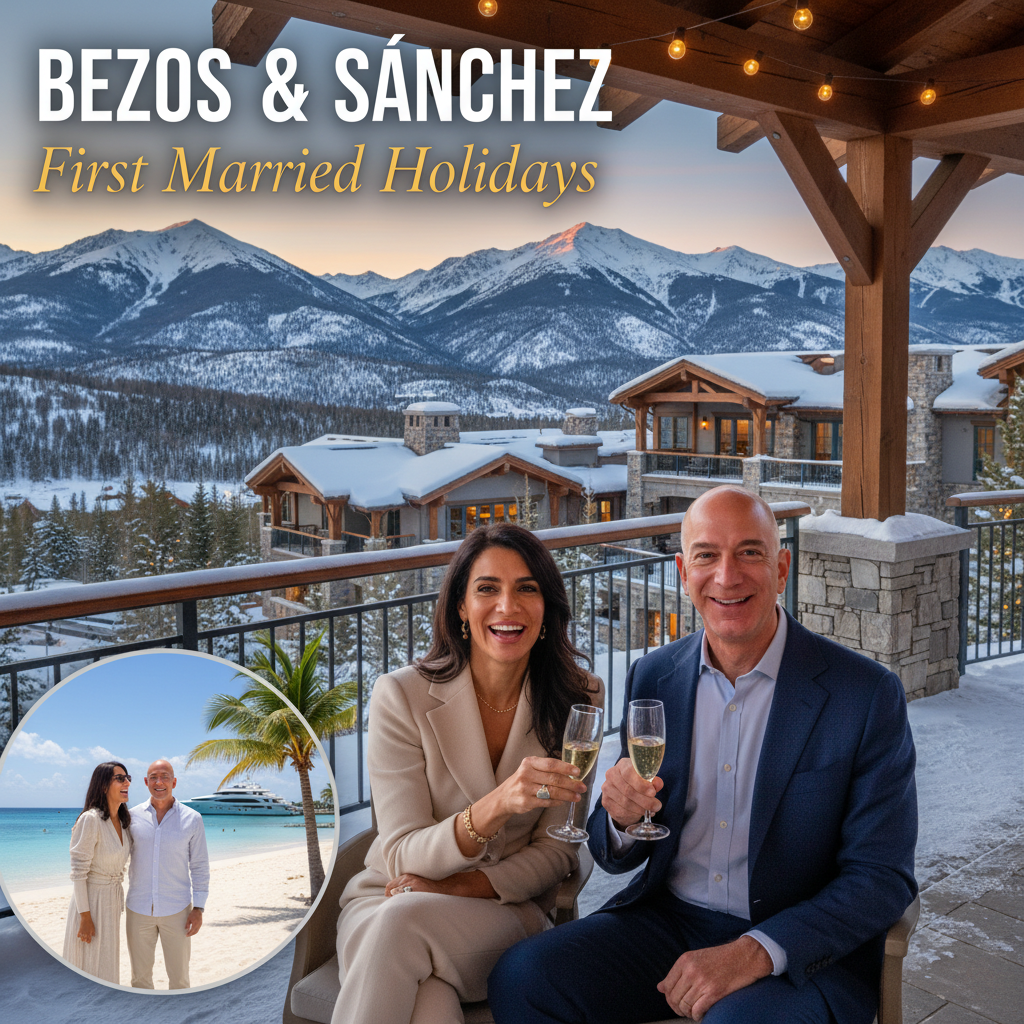 Jeff Bezos and Lauren Sánchez toast champagne on a snowy Aspen balcony, with a St. Barts beach inset.