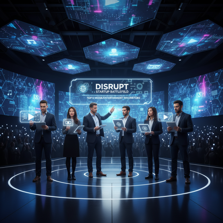 Six diverse innovators present ideas on a futuristic stage with holographic screens, representing startup battlefield.