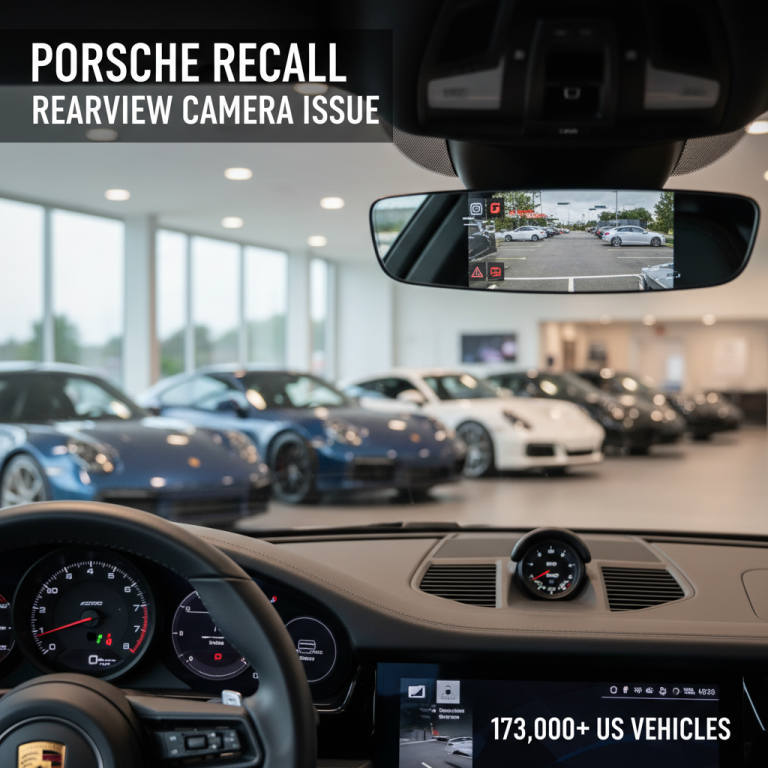 Inside a modern Porsche, with the rearview mirror displaying a parking lot, alongside text about the recall.