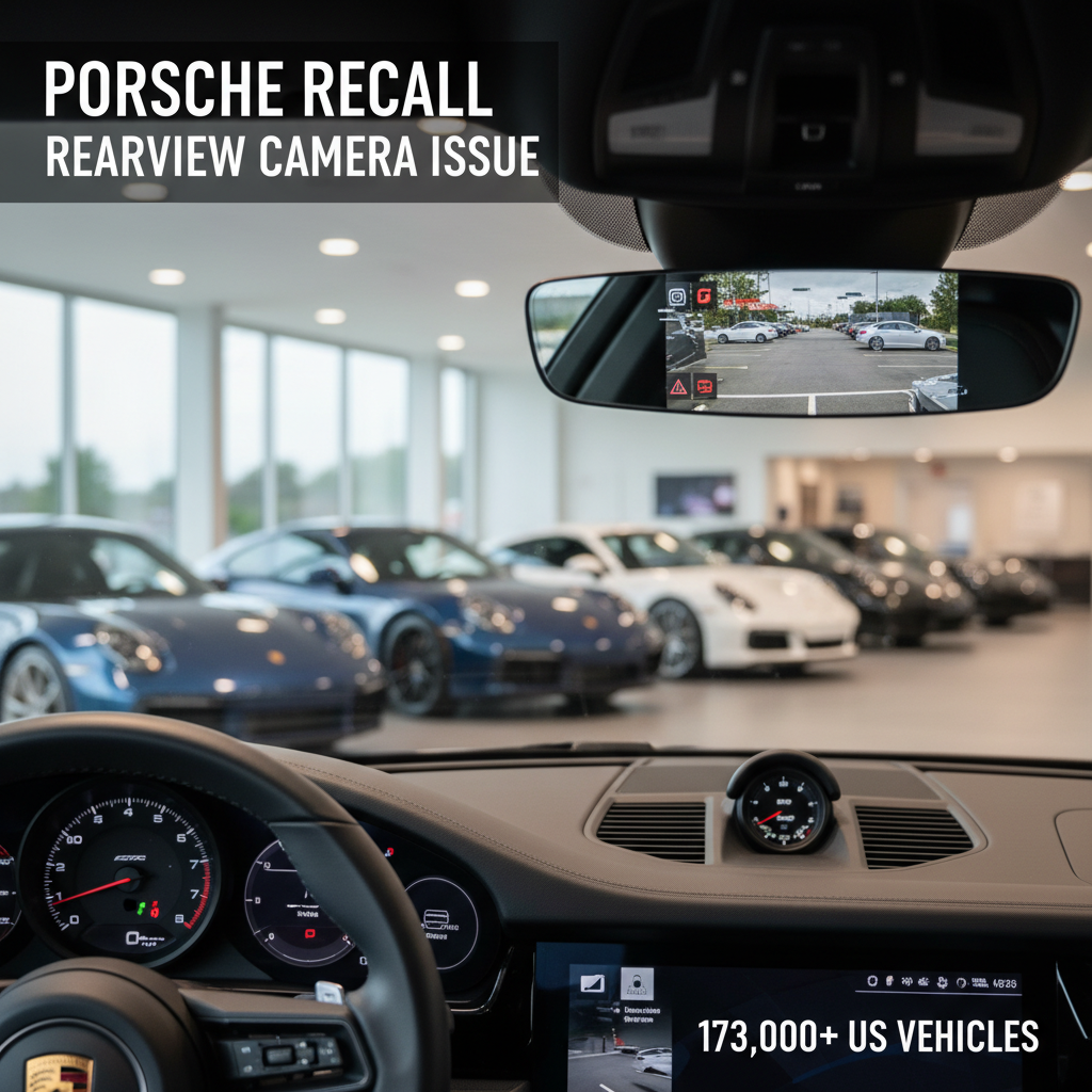 Inside a modern Porsche, with the rearview mirror displaying a parking lot, alongside text about the recall.
