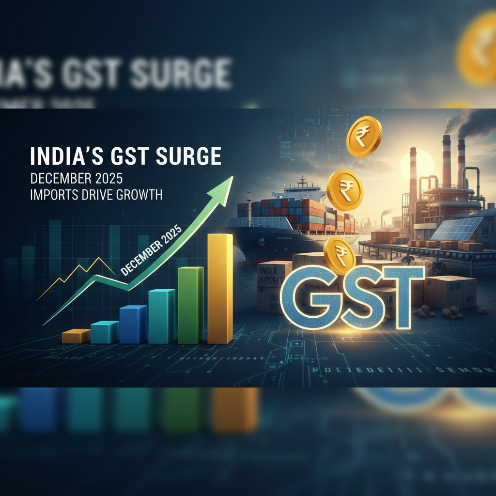 A dynamic graph showing an upward trend in GST collections, with "GST" prominently displayed, alongside cargo ships and factories.