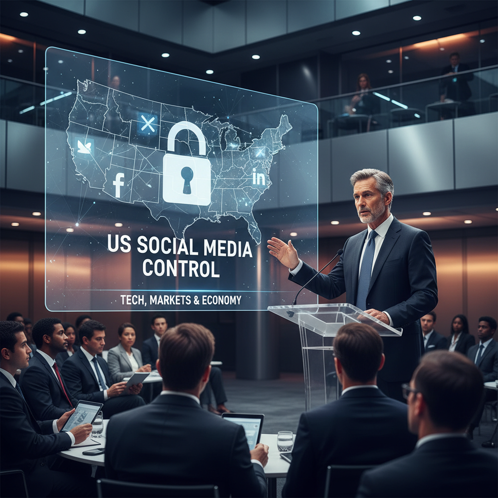 A CEO speaking about social media regulation to an audience, with a US map overlay showing a lock icon.
