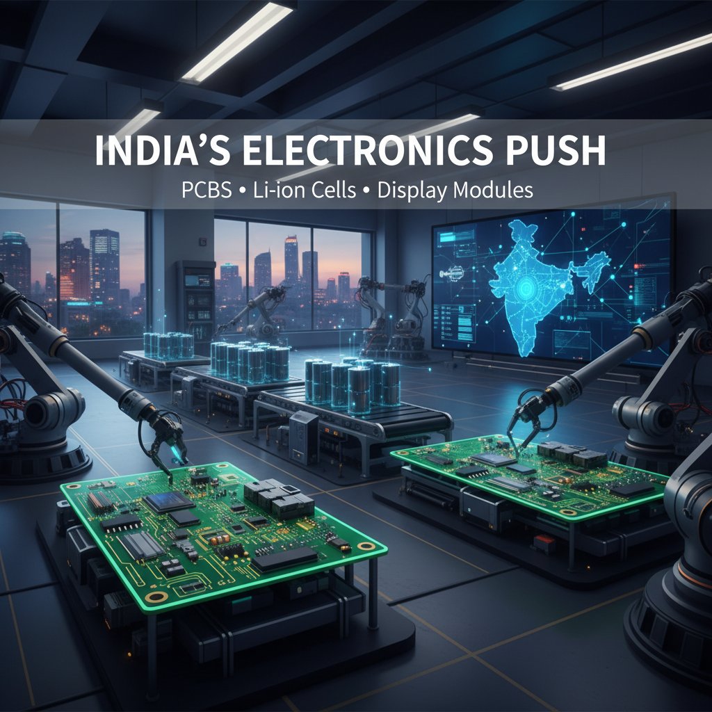 Robotic arms assemble electronic components in a modern factory with India's map on a large screen, symbolizing technological advancement.