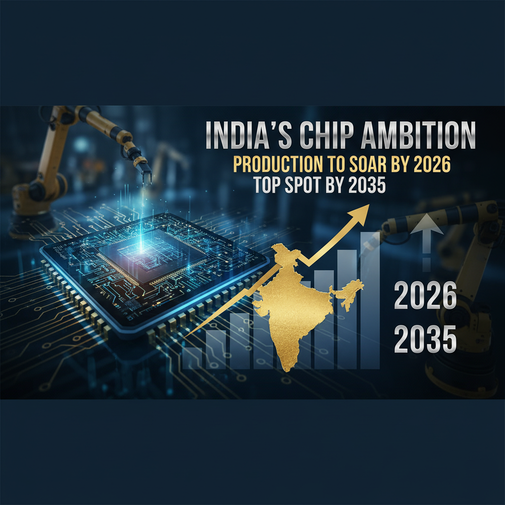 A high-tech image showing a microchip, robotic arms, a golden map of India, and an upward trend arrow, representing growth.