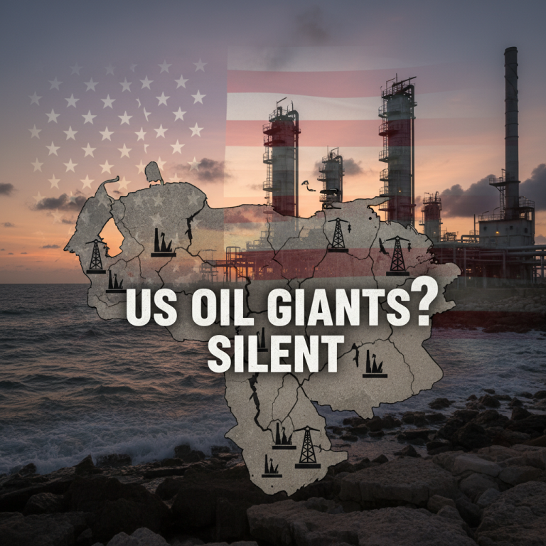 An oil refinery at sunset, overlaid with maps of the US and Venezuela and the words "US OIL GIANTS? SILENT."