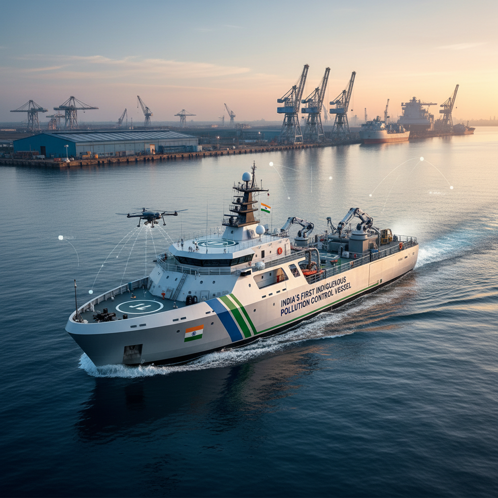 An advanced Indian pollution control vessel with drones at a bustling port, symbolizing maritime safety and technology.